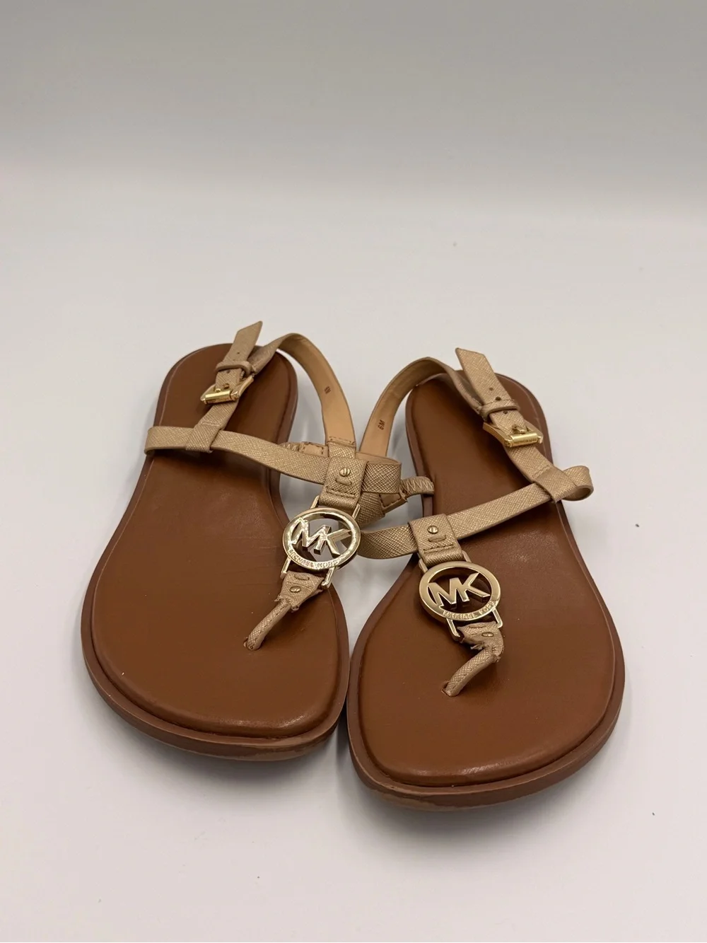 Michael Kors Beige and Brown Logo T-Strap Sandals